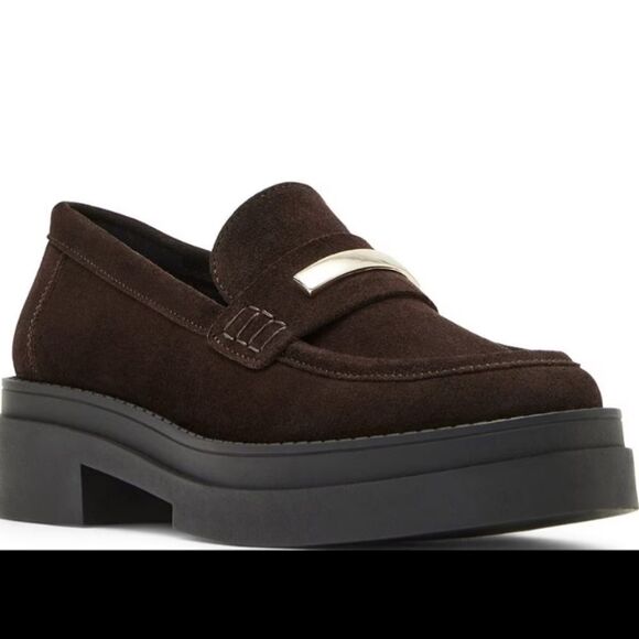 Steve Madden brown suede Rodrigo 2" platform loafer w gold detail size 5.5 NWT - Picture 1 of 8